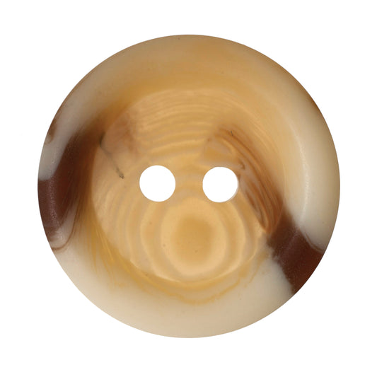 Round 2-hole button with a mottled brown and cream horn-effect finish