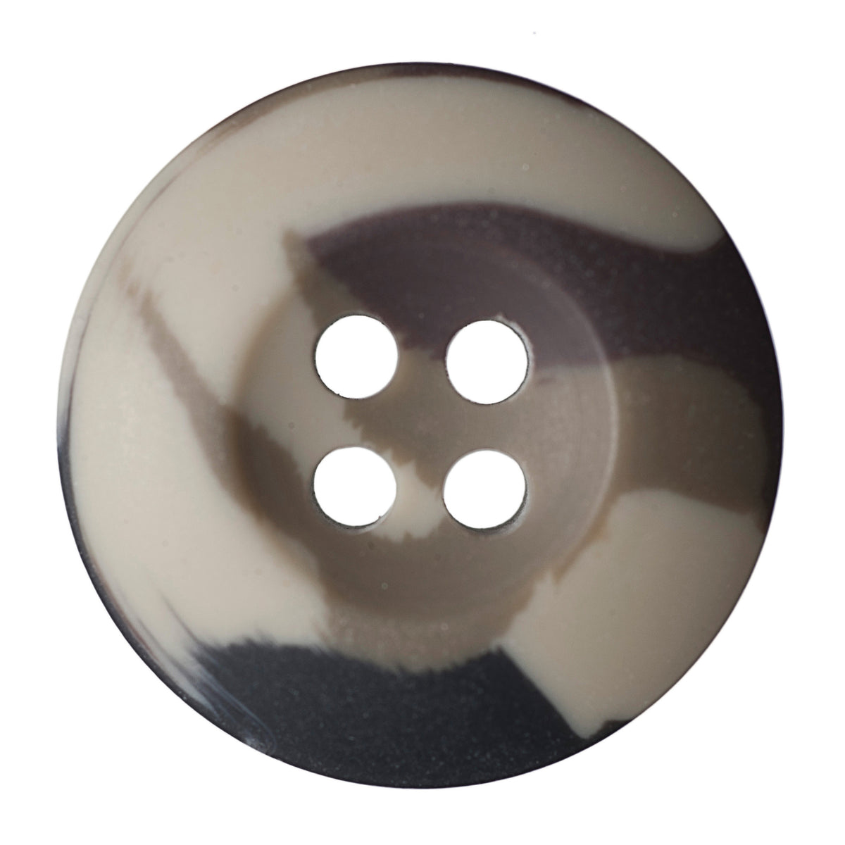 Round 4-hole button with a marbled grey, black and cream pattern