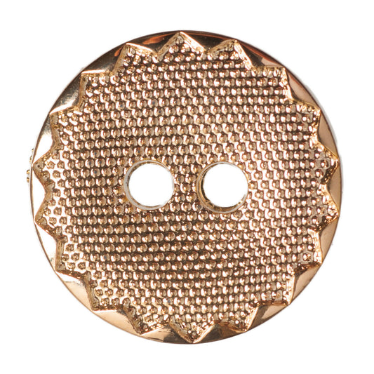 Gold metal two-hole button with scalloped edge and textured face