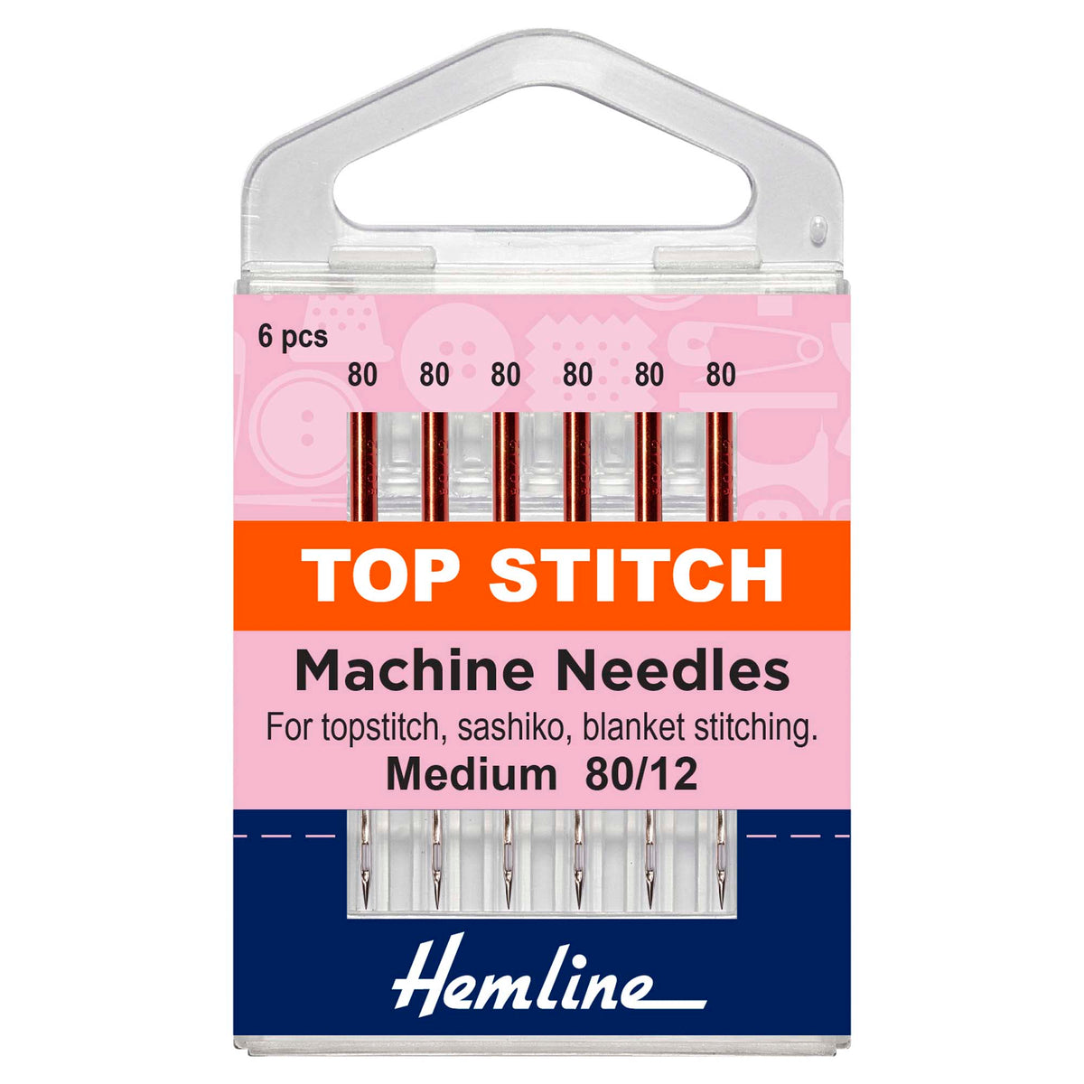 Pack of six Hemline top stitch sewing machine needles size 80/12