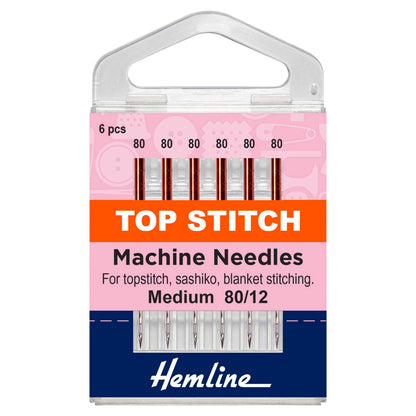 Pack of six Hemline top stitch sewing machine needles size 80/12