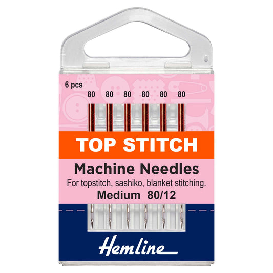 Pack of six Hemline top stitch sewing machine needles size 80/12