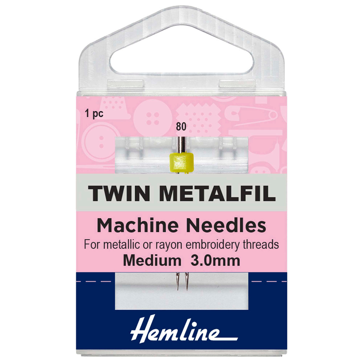 Hemline Metafil twin sewing machine needle in packaging