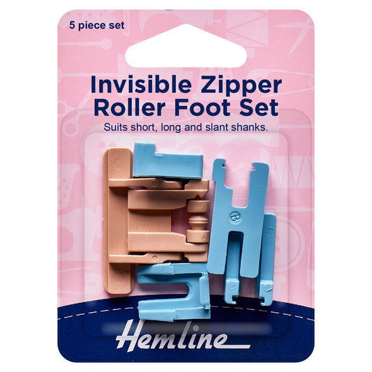 Hemline invisible zipper roller foot set with blue and beige plastic feet on a pink card