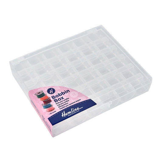 Clear plastic Hemline bobbin storage box with 25 slots and hinged lid