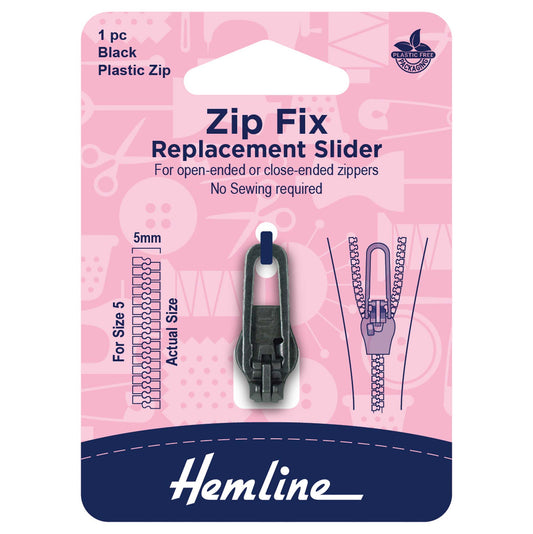 Hemline black replacement zip slider for size 5 plastic zips on a card
