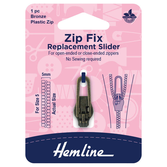 Hemline bronze replacement zip slider for size 5 plastic zips on a card