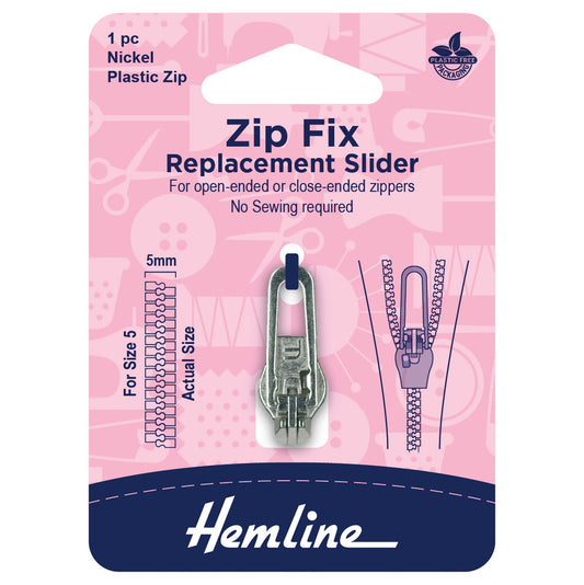 Hemline nickel replacement zip slider for size 5 plastic zips on a card