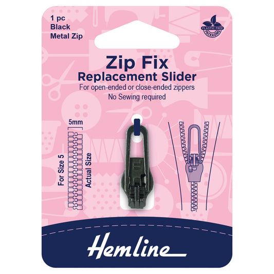 Hemline black replacement zip slider for size 5 metal zips on a card