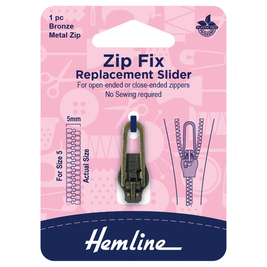 Hemline bronze replacement zip slider for size 5 metal zips on a card