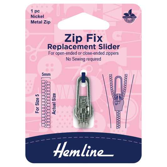 Hemline nickel replacement zip slider for size 5 metal zips on a card