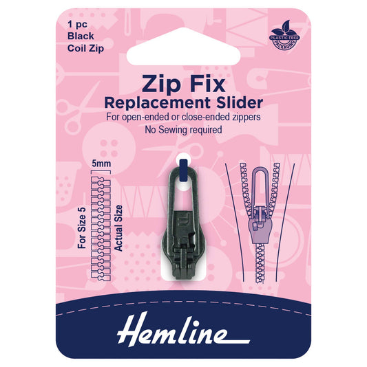 Hemline black replacement zip slider for size 5 coil zips on a card