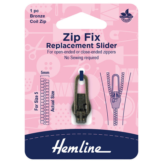 Hemline bronze replacement zip slider for size 5 coil zips on a card
