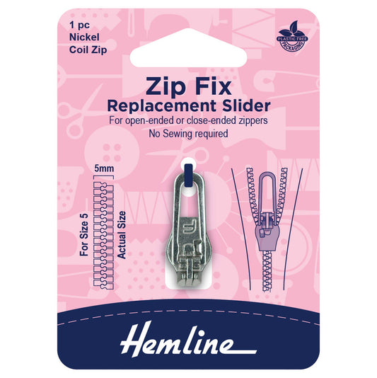 Hemline nickel replacement zip slider for size 5 coil zips on a card