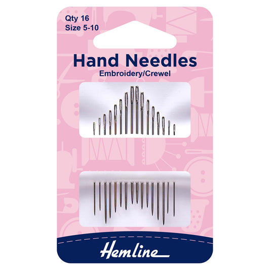 Pack of Hemline crewel embroidery hand sewing needles, sizes 5-10