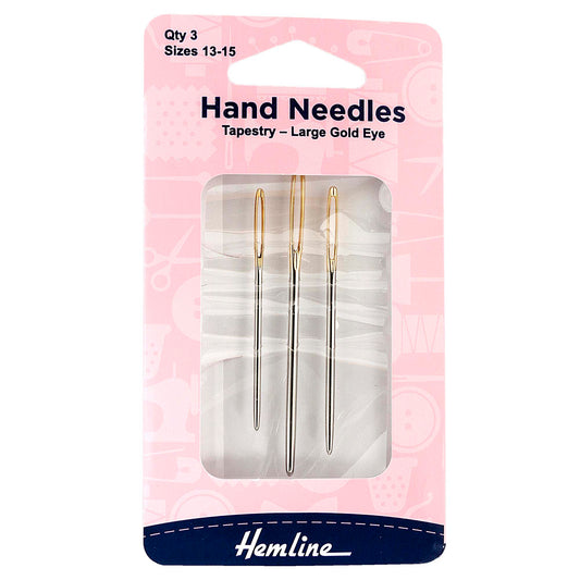 Three Hemline large gold eye tapestry needles on a card