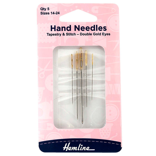 Five Hemline double gold eye tapestry needles in their packaging
