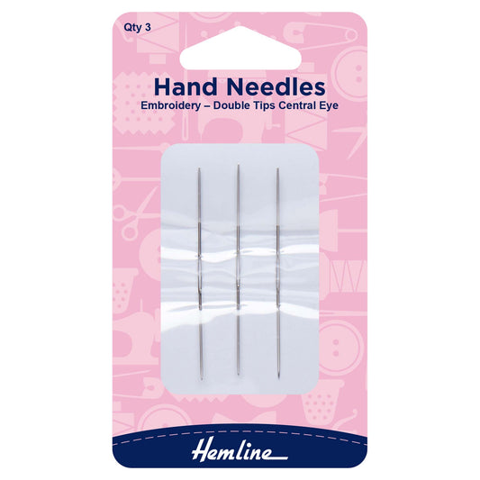Three Hemline double tip embroidery needles on a pink card