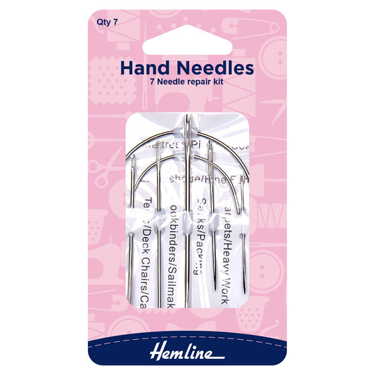 Seven Hemline repair hand needles including curved needles on a card