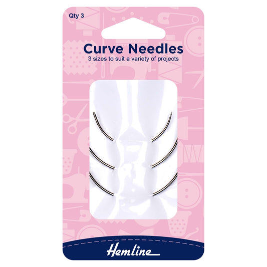 Three curved hand sewing needles in Hemline pack