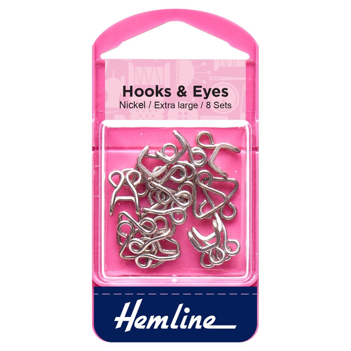 Hemline nickel hooks and eyes in plastic box