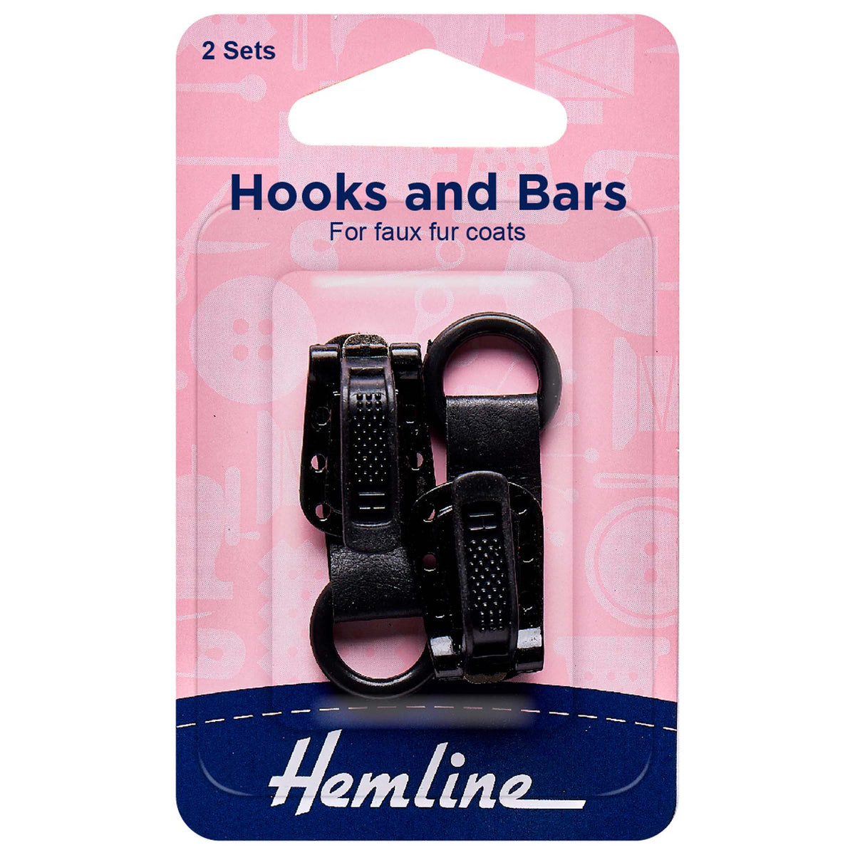 Two black Hemline faux fur coat hook and bar sets on card