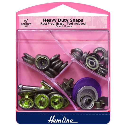 Hemline antique brass heavy duty snaps and tool on a card