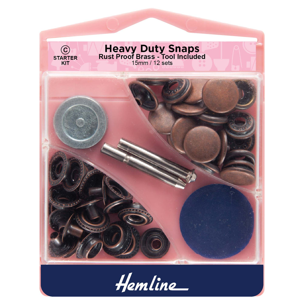 Hemline bronze heavy duty snap fasteners with tool on card