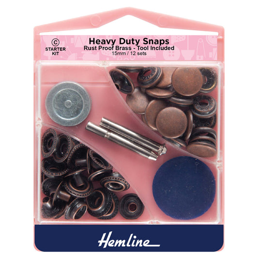 Hemline bronze heavy duty snap fasteners with tool on card