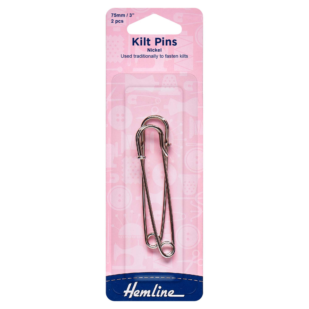 Two Hemline 75mm silver nickel kilt pins on a card