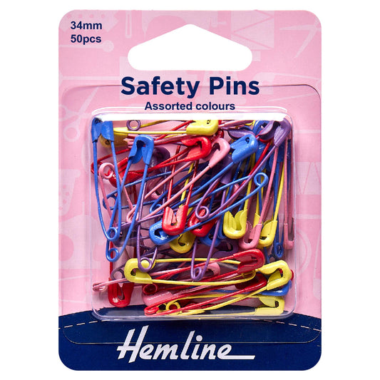 Pack of Hemline safety pins in red, blue, pink, yellow and purple