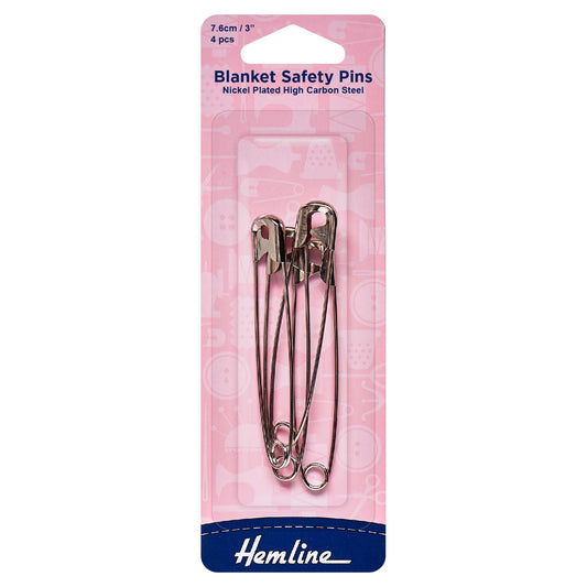 Four Hemline 76mm nickel blanket safety pins