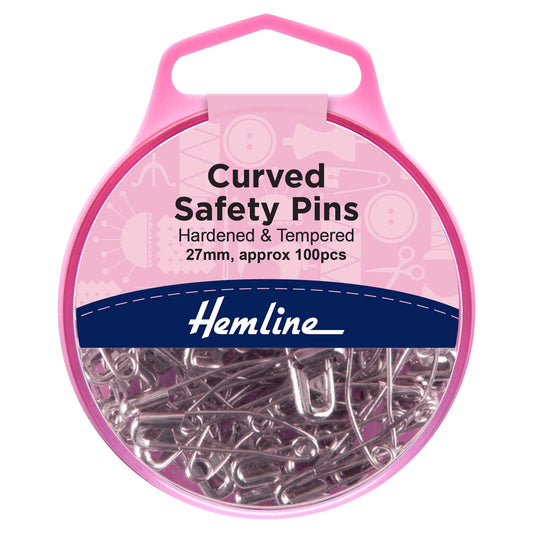 Box of Hemline 27mm curved nickel safety pins
