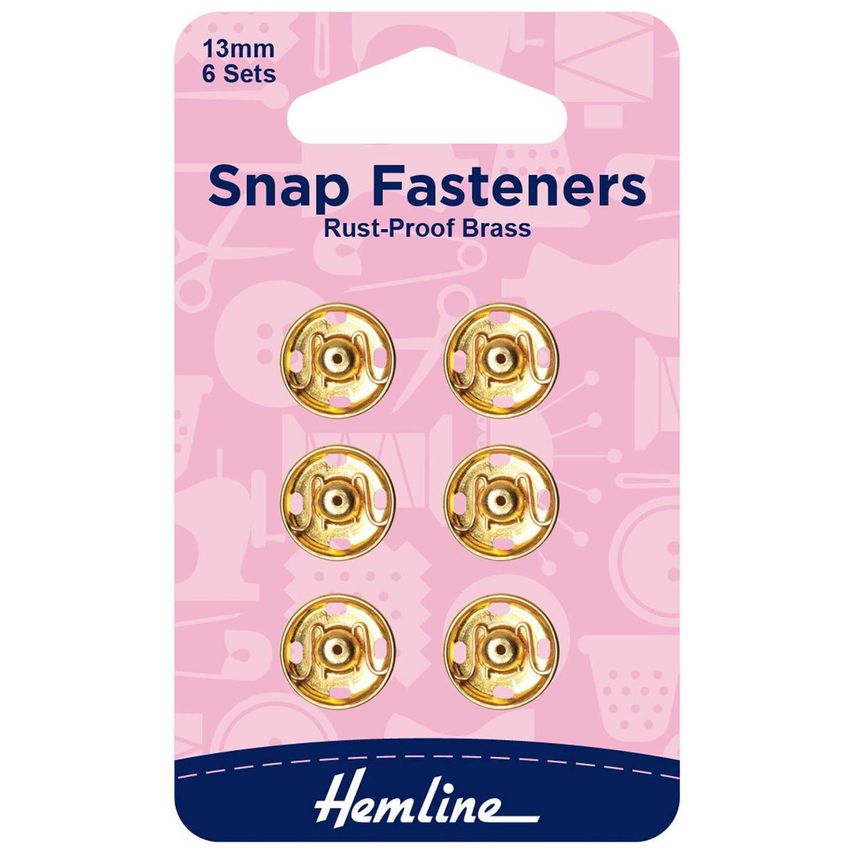 6 gold Hemline 13mm sew-on snap fasteners on card