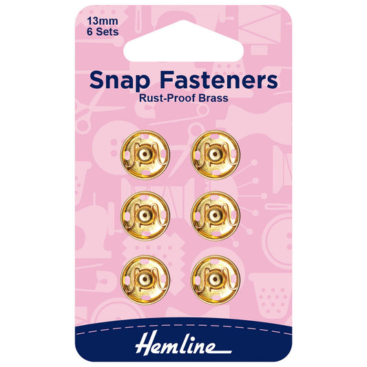 6 gold Hemline 13mm sew-on snap fasteners on card