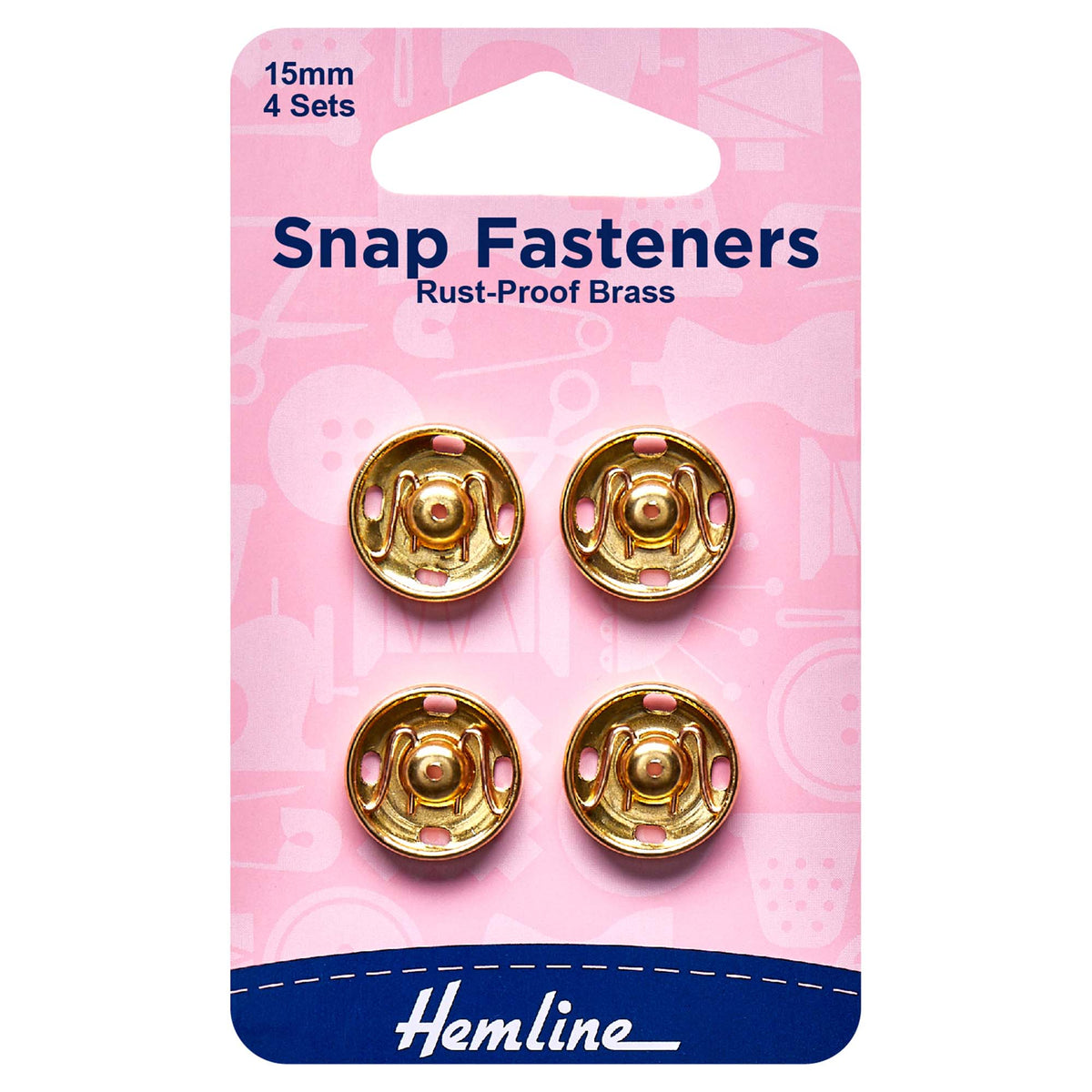 4 gold Hemline 15mm sew-on snap fasteners on card