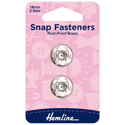 Hemline 18mm nickel sew-on snap fasteners on card