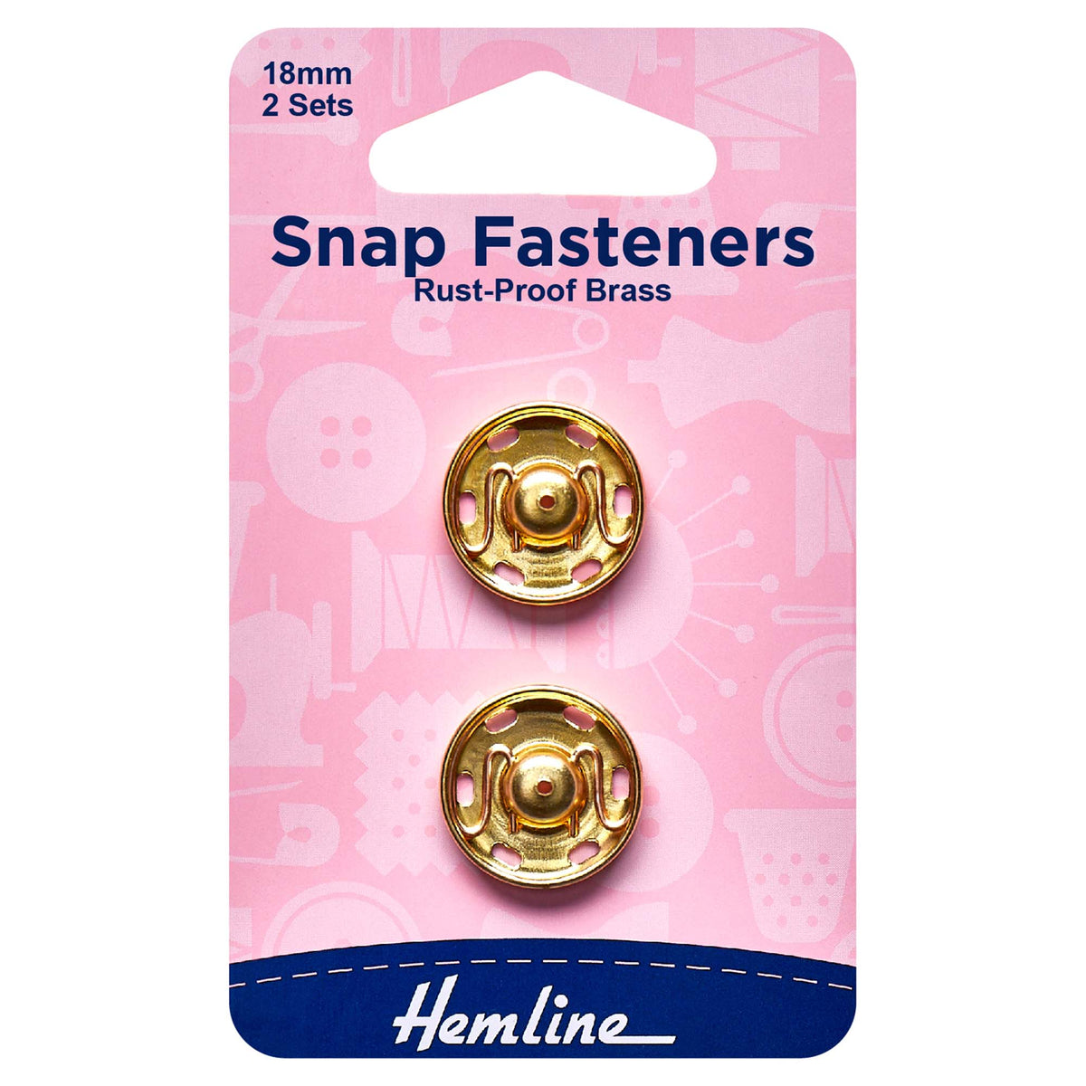 2 gold Hemline 18mm sew-on snap fasteners on card