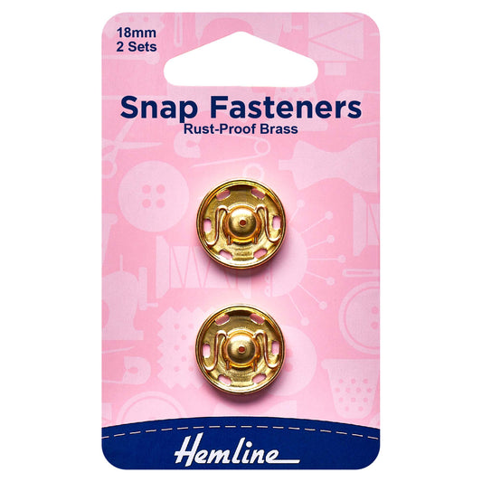2 gold Hemline 18mm sew-on snap fasteners on card