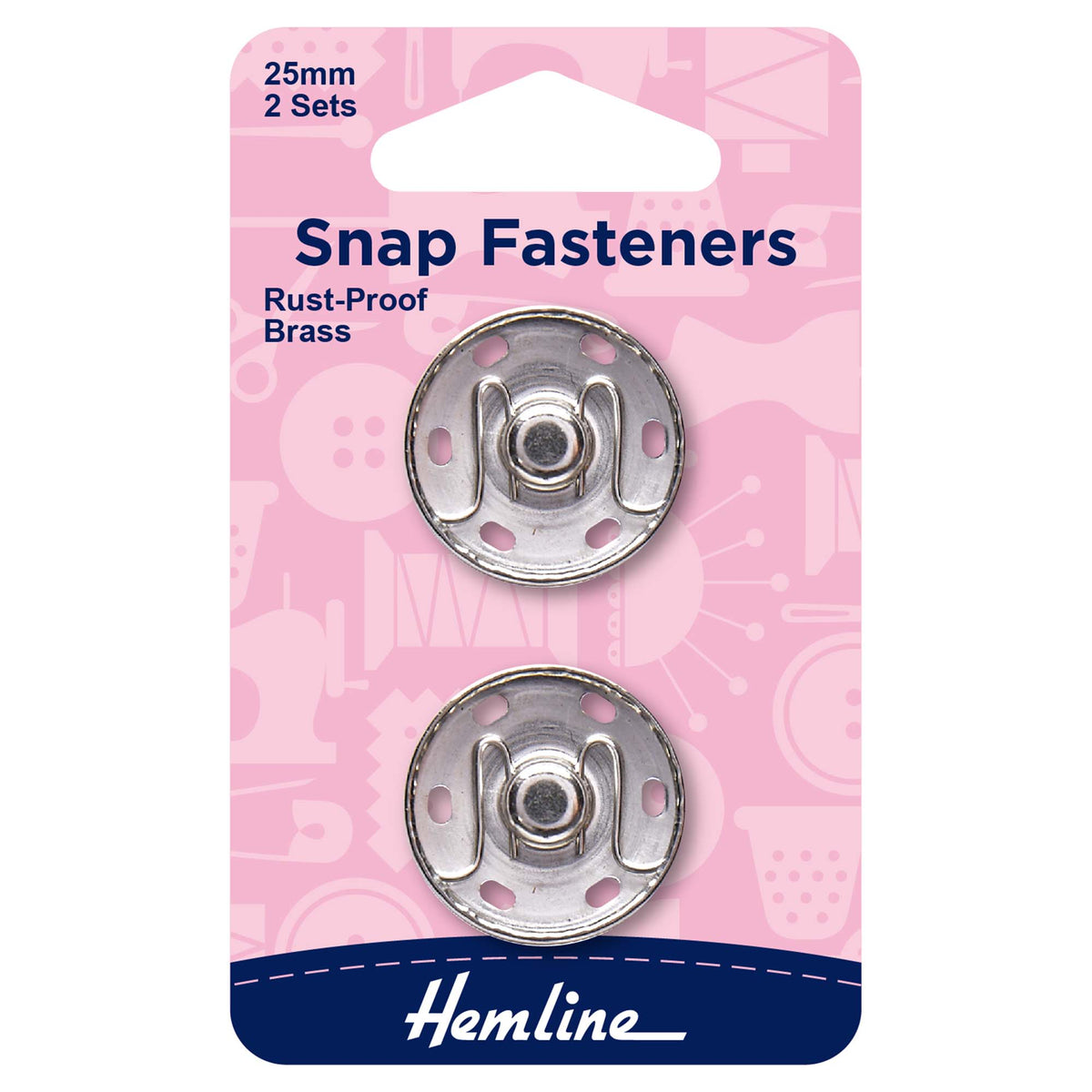 Hemline 25mm nickel sew-on snap fasteners on card