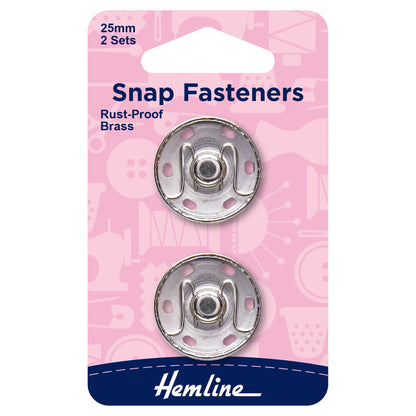 Hemline 25mm nickel sew-on snap fasteners on card