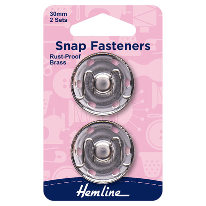 Hemline 30mm nickel sew-on snap fasteners on card