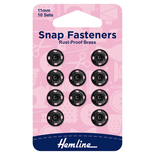 Black 11mm sew-on snap fasteners in Hemline packaging