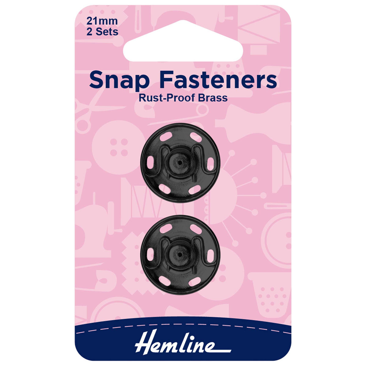 Black 21mm sew-on snap fasteners in Hemline packaging