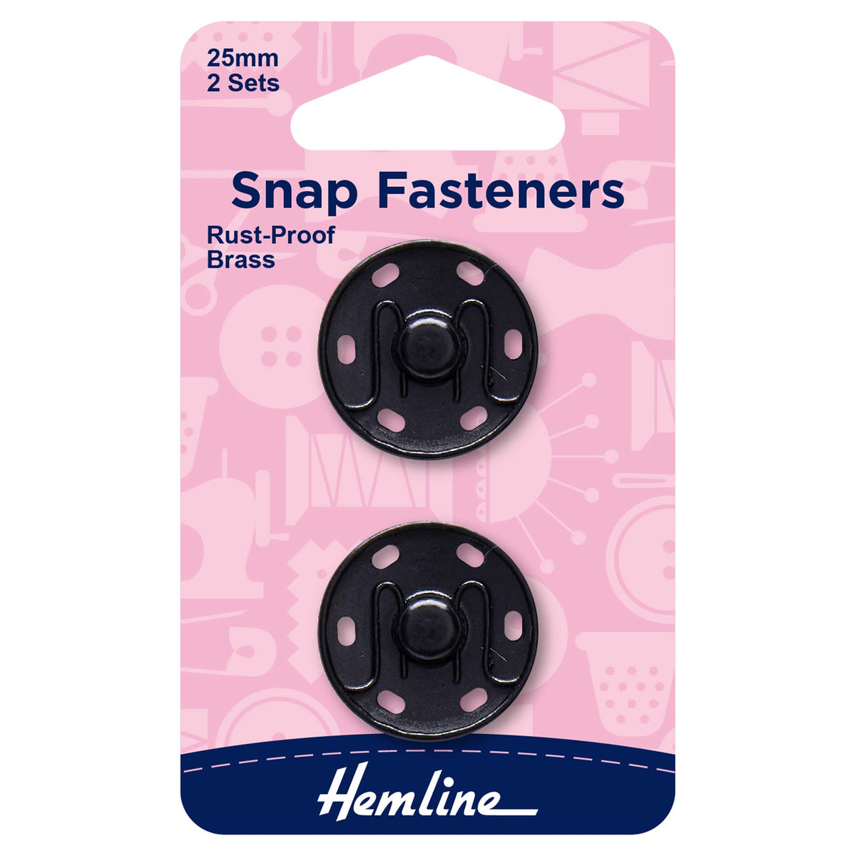 Black 25mm sew-on snap fasteners in Hemline packaging