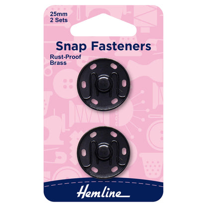 Black 25mm sew-on snap fasteners in Hemline packaging