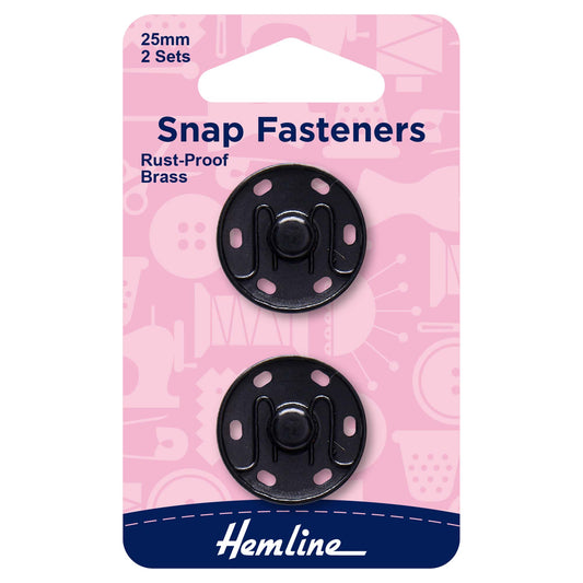 Black 25mm sew-on snap fasteners in Hemline packaging
