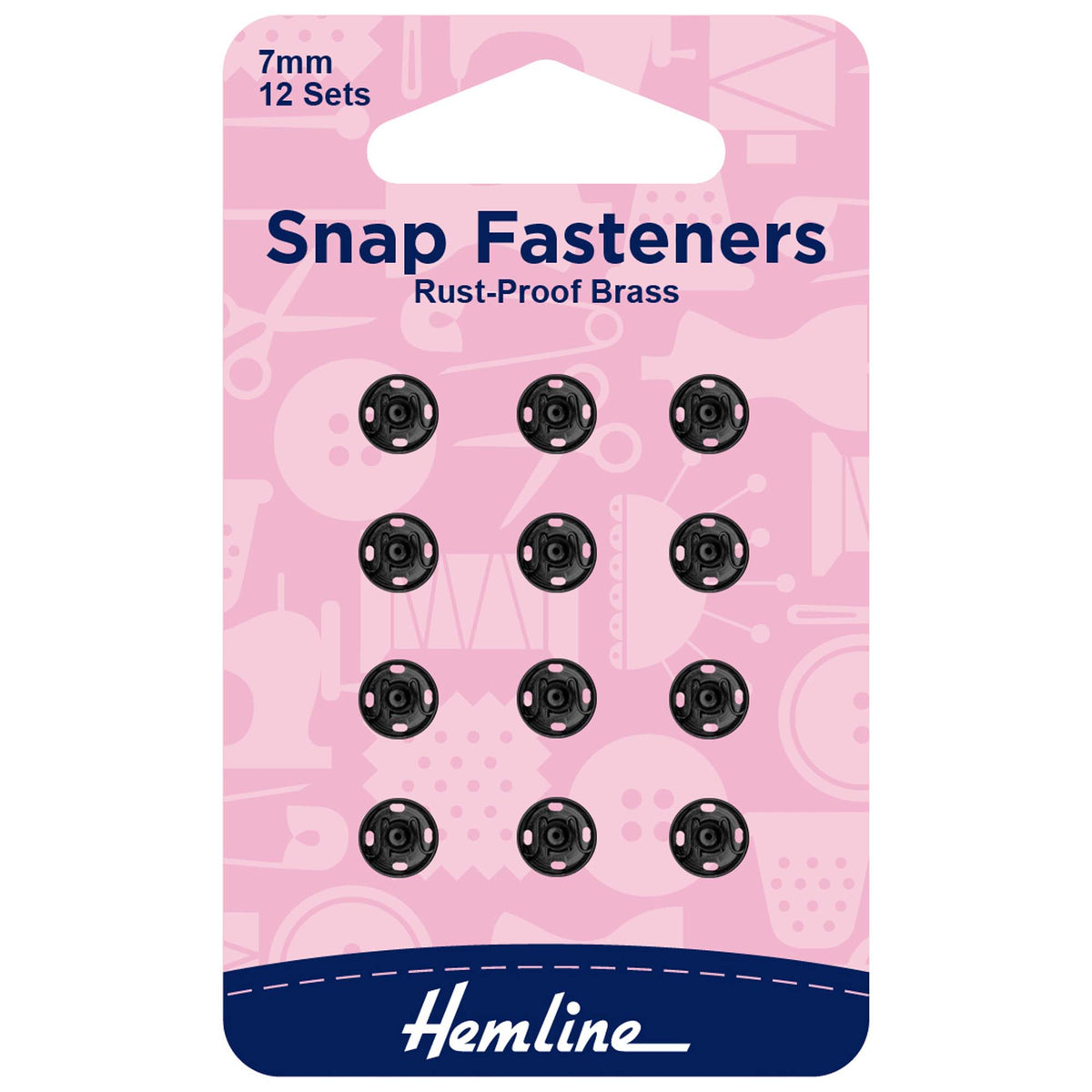 Card of Hemline 7mm black sew-on snap fasteners