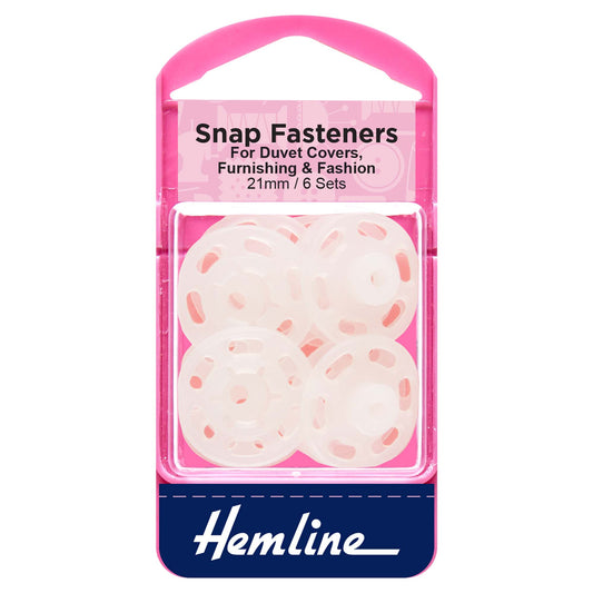 Six clear 21mm Hemline plastic snap fasteners in pack