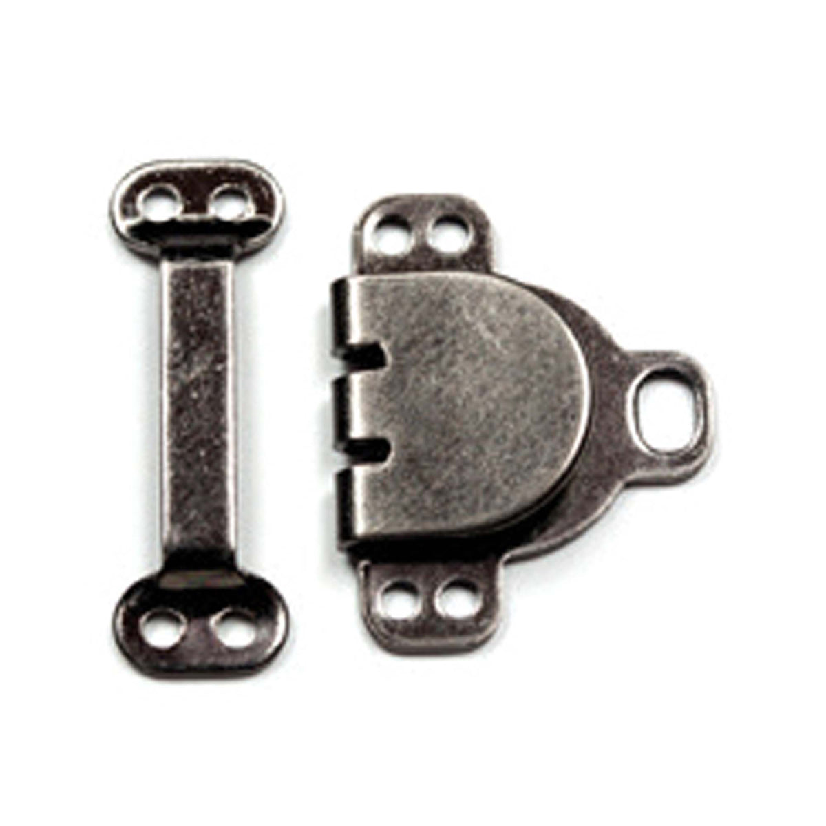 Card of three small black hook and bar fasteners